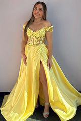 Yellow A Line Prom Dress Off the Shoulder Evening Dress With Lace Appliques