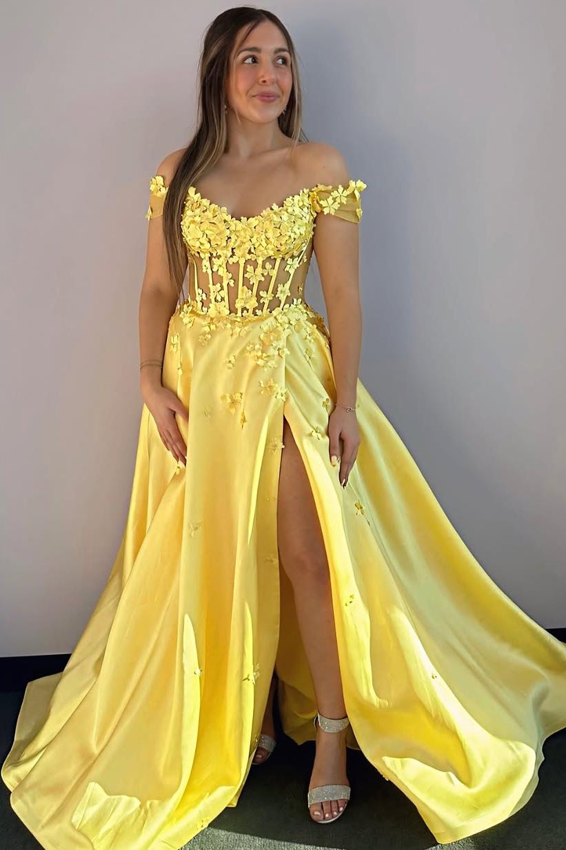 Yellow A Line Prom Dress Off the Shoulder Evening Dress With Lace Appliques
