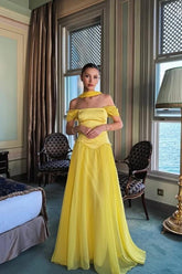 Yellow A Line Prom Dress Off the Shoulder Evening Dress