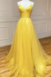 Yellow A Line Prom Dress Sleeveless Halter Neck Evening Dress