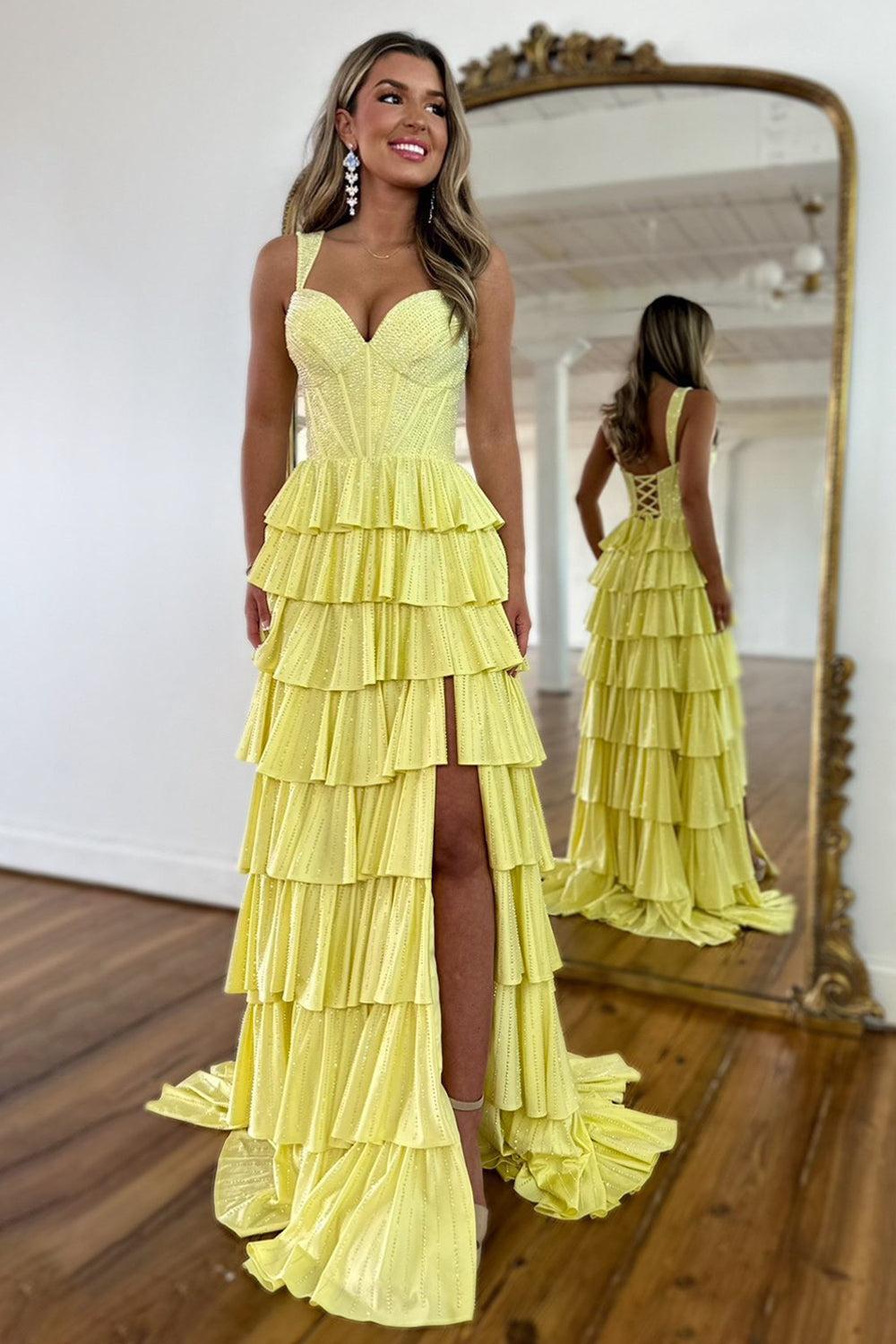 Yellow A Line Prom Dress With Lace Up Back Tiered Skirt And Leg Slit Formal Evening Gown