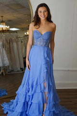 Yellow A-Line Sweetheart Lace Top Long Chiffon Prom Dress With Ruffle Skirt Formal Evening Gown