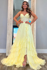 Yellow A-Line Sweetheart Lace Top Long Chiffon Prom Dress With Ruffle Skirt Formal Evening Gown