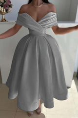 Yellow Ball Gown Prom Dress Off the Shoulder Satin Tea Length Evening Dress