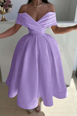 Yellow Ball Gown Prom Dress Off the Shoulder Satin Tea Length Evening Dress