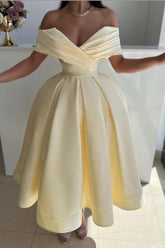 Yellow Ball Gown Prom Dress Off the Shoulder Satin Tea Length Evening Dress