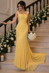 Yellow Chiffon Mermaid Prom Dress with Square Neck and Ruched Bodice