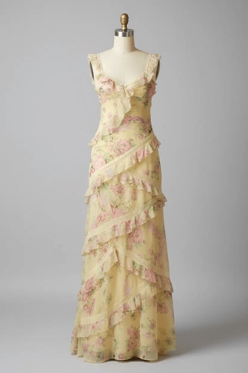 Yellow Floral Printed Prom Dress Sheath/Column Ruffled V Neck Formal Evening Dress