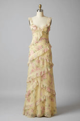 Yellow Floral Printed Prom Dress Sheath/Column Ruffled V Neck Formal Evening Dress