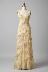 Yellow Floral Printed Prom Dress Sheath/Column Ruffled V Neck Formal Evening Dress