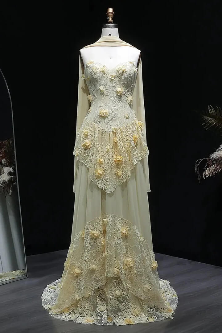 Yellow Lace A Line Prom Dress Sweetheart Lace Appliqued Formal Evening Dress with 3D Flowers