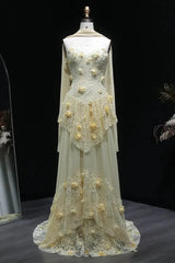 Yellow Lace A Line Prom Dress Sweetheart Lace Appliqued Formal Evening Dress with 3D Flowers