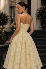 Yellow Lace A Line Prom Dress with Pearl-Center 3D Flowers