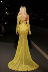 Yellow Mermaid Prom Dress Long Sleeve Asymmetric Evening Dress With Lace Appliques