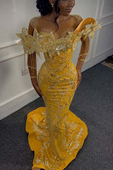 Yellow Mermaid Prom Dress Long Sleeve Beaded Formal Dress with 3D Flowers
