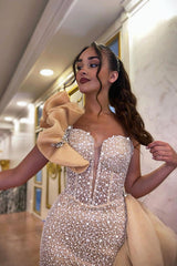 Yellow Mermaid Prom Dress Sleeveless One Shoulder Beaded Evening Dress