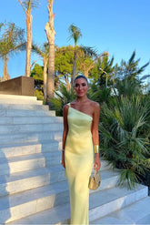 Yellow Mermaid Prom Dress Sleeveless One Shoulder Satin Evening Dress