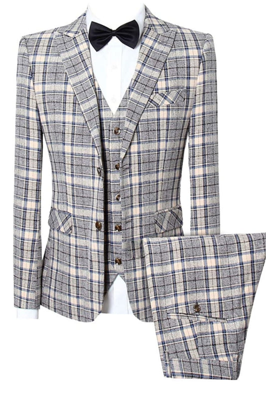 Yellow Plaid Peaked Lapel 3 Piece Slim Fit Business Suit