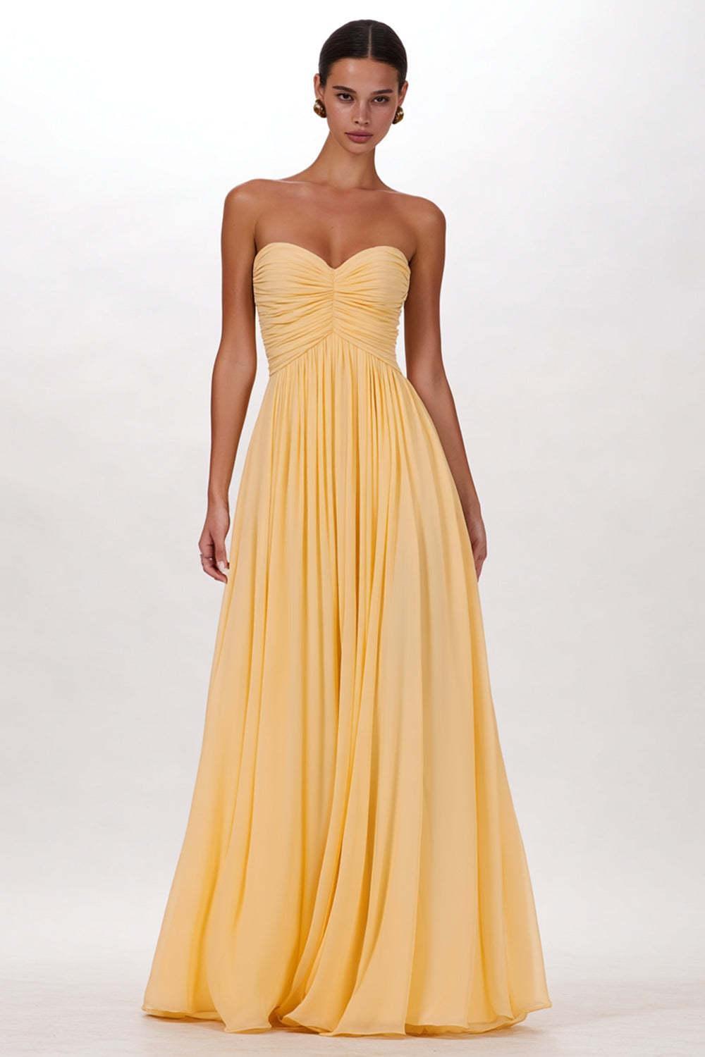 Yellow Pleated Sweetheart A Line Long Chiffon Prom Dress
