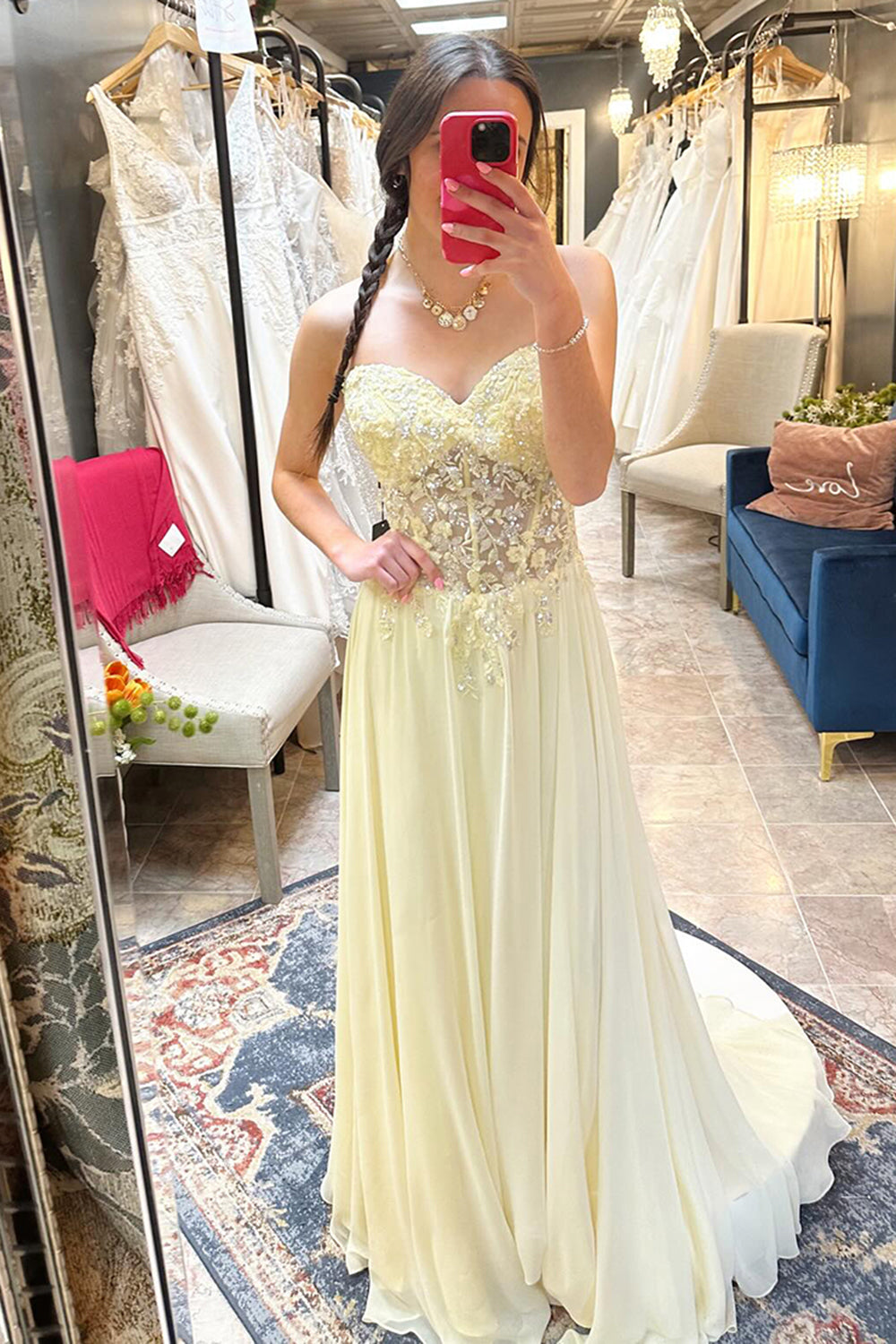Yellow Prom Dress A Line Sweetheart Long Formal Dress With Appliques
