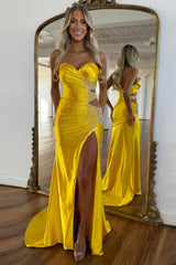 Yellow Prom Dress Beaded Mermaid Sweetheart Long Formal Dress With Slit