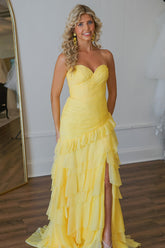 Yellow Prom Dress Chiffon Sweetheart Ruffled Long Formal Dress With Slit