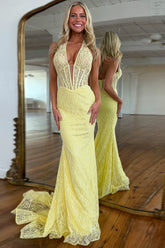 Yellow Prom Dress Lace Mermaid Halter Corset Long Formal Dress