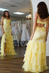 Yellow Prom Dress Ruffled Chiffon Mermaid Long Formal Dress With Slit