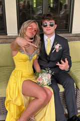 Yellow Prom Dress Spaghetti Straps Satin Formal Dress With Slit