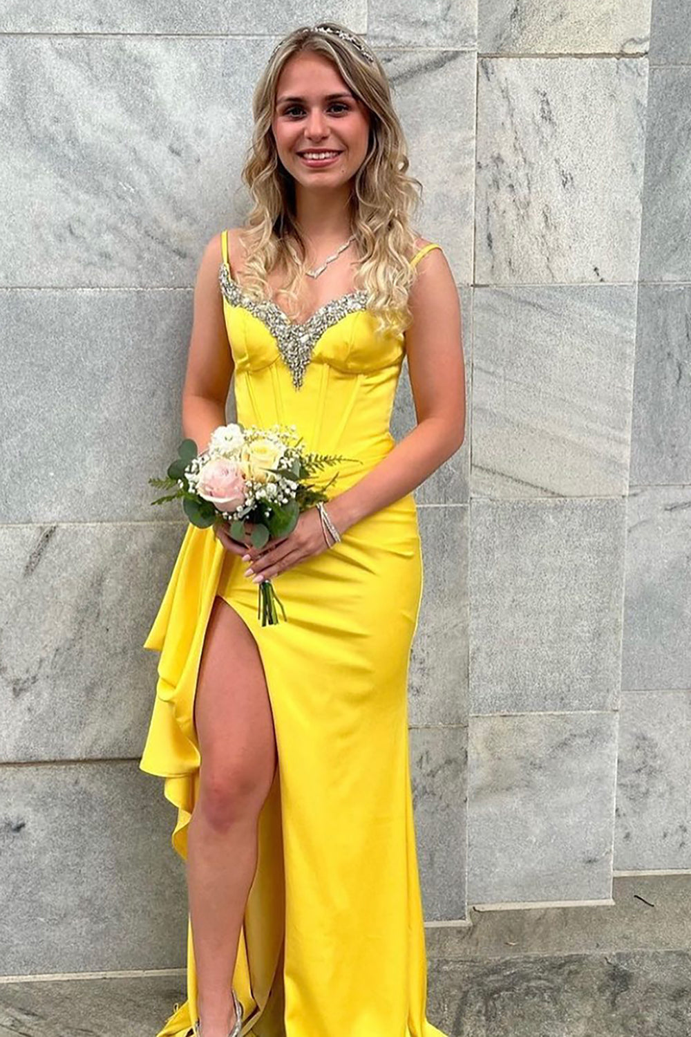 Yellow Prom Dress Spaghetti Straps Satin Formal Dress With Slit