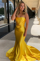 Yellow Prom Dress Wrap Ruched Corset Mermaid Long Formal Dress