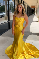 Yellow Prom Dress Wrap Ruched Corset Mermaid Long Formal Dress