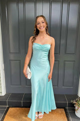 Dreamyannie Yellow Satin Spaghetti Straps Long Ruched Prom Dress With Slit Formal Evening Gown