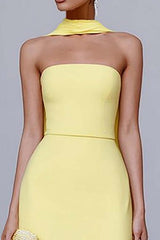 Yellow Sheath Neck Scarf Strapless Long Prom Dress With Slit