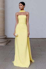 Yellow Sheath Neck Scarf Strapless Long Prom Dress With Slit
