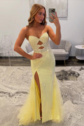 Yellow Sweetheart Lace Up Cutout Prom Dress With Lace Details Formal Evening Gown