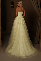 Yellow Tulle A Line Prom Dress with 3D Flowers and High Slit