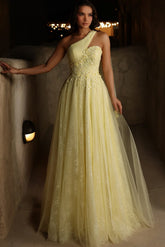 Yellow Tulle A-Line Prom Dress with One Shoulder and Floral Appliques