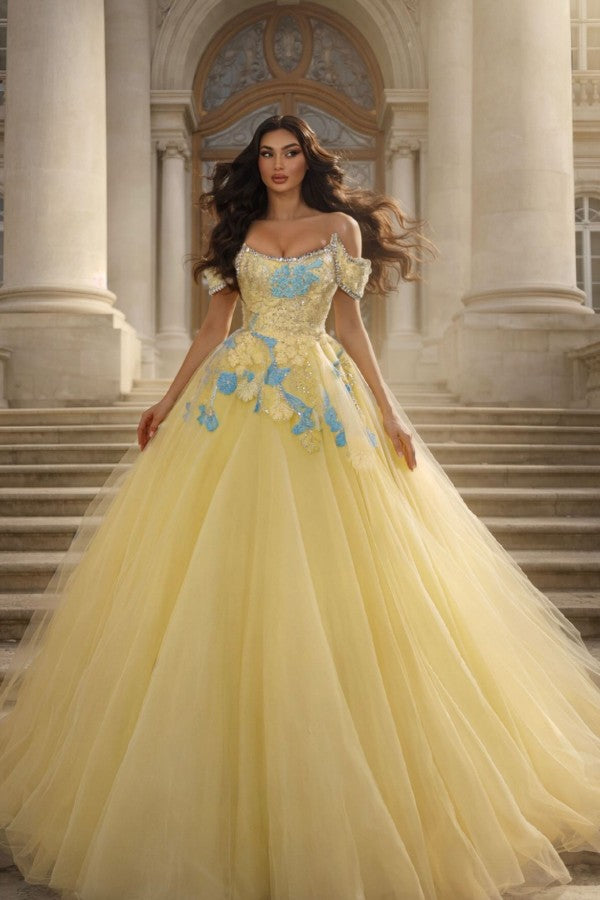 Yellow Tulle Ball Gown Prom Dress with Blue 3D Flowers