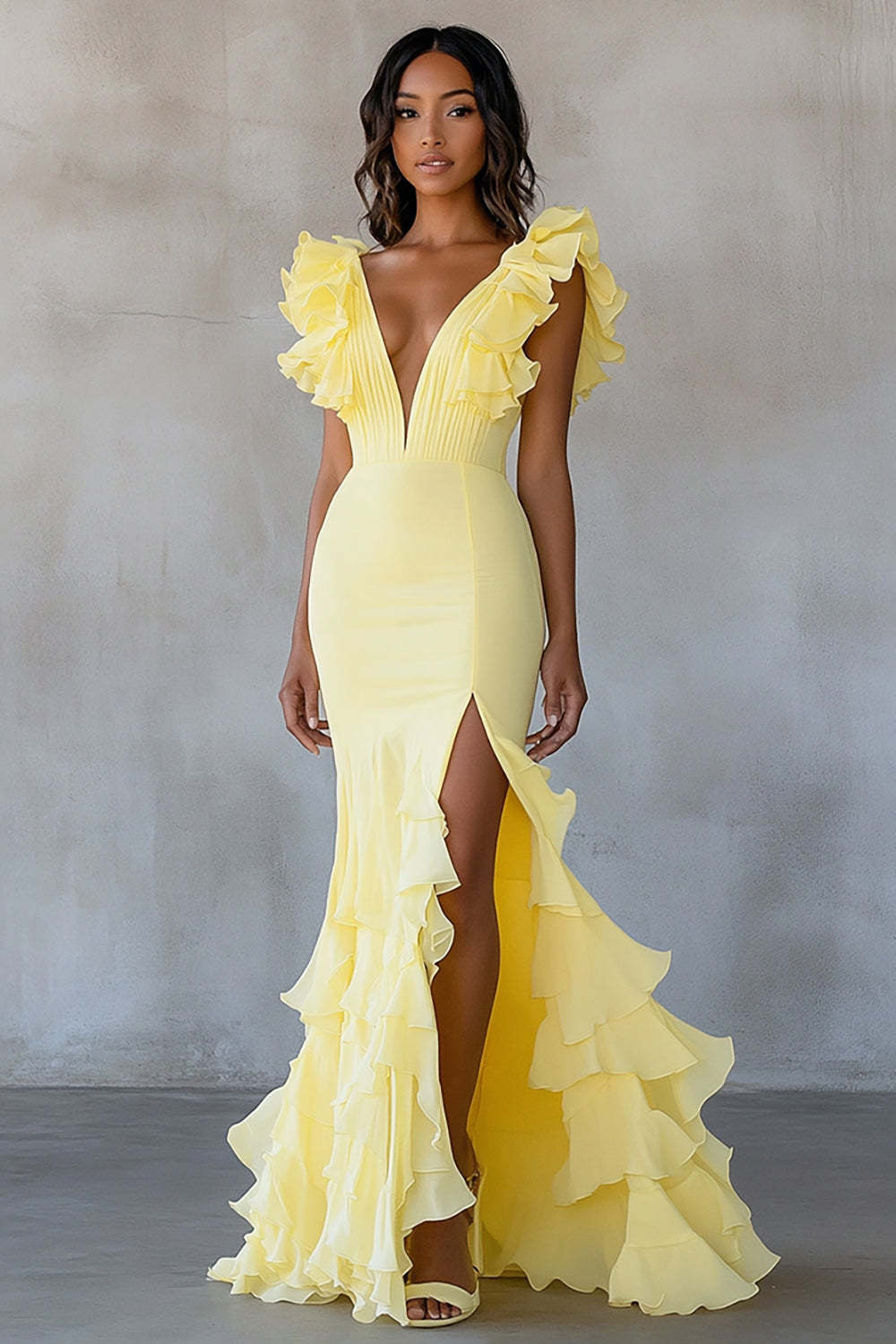 Yellow Wedding Guest Dress Chiffon V-Neck Long Mermaid Ruffles Evening Dress With Slit