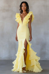Yellow Wedding Guest Dress Chiffon V-Neck Long Mermaid Ruffles Evening Dress With Slit