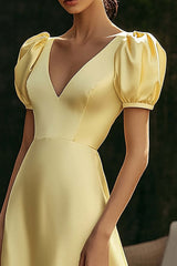 Yellow Wedding Guest Dress Satin A Line V-Neck Long Evening Dress With Puff Sleeves