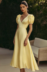 Yellow Wedding Guest Dress Satin A Line V-Neck Long Evening Dress With Puff Sleeves