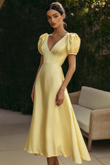 Yellow Wedding Guest Dress Satin A Line V-Neck Long Evening Dress With Puff Sleeves