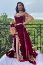 Burgundy Christmas Party Dress Lace Appliques Slit Velvet Evening Dress With Detachable Train