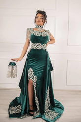 Green Christmas Party Dress Lace Appliques Slit Velvet Evening Dress With Detachable Train
