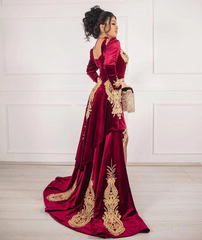 Burgundy Christmas Party Dress Lace Appliques Long Sleeve Velvet Evening Dress With Detachable Train
