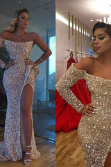 Chic Crystal Beading One Shoulder Strapless Slit Mermaid Sequins Prom Gowns
