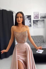 Classy Strapless Dusty Pink Prom Dress Mermaid Slit With Lace Appliques