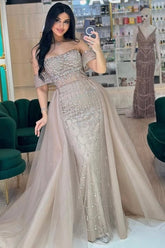Strapless Beaded Evening Dress Off the Shoulder Formal Dress With Detachable Train